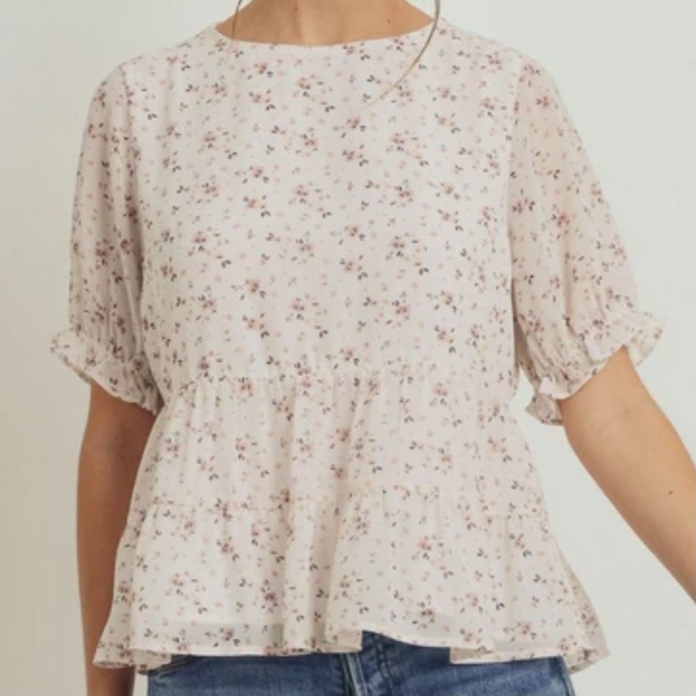 Paper Crane | White & Pink Floral Peplum Top - Picture 4 of 9